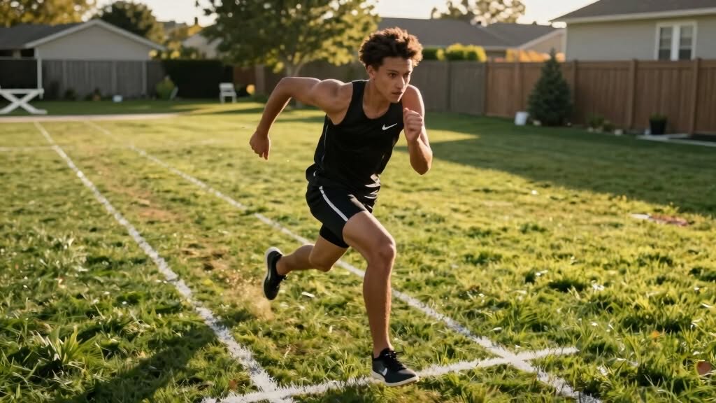 A young person in athletic gear sprints on a grass track in a backyard during daylight, with houses and trees in the background.