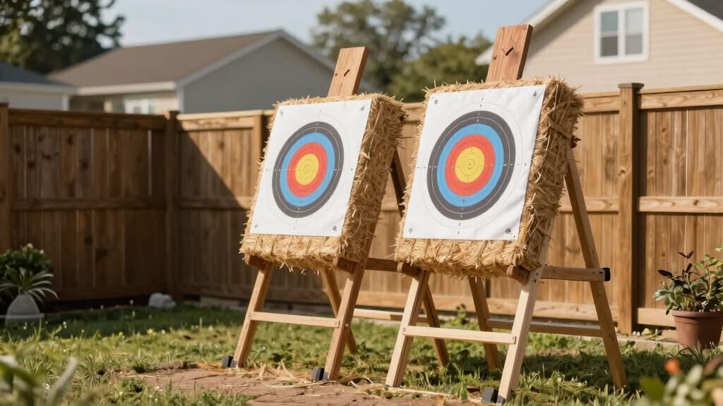 Two archery targets on hay bales stand on wooden easels in a fenced backyard with grass and houses in the background.
