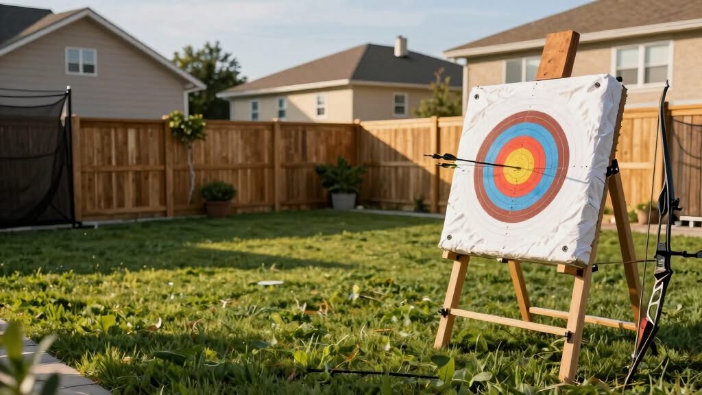 An archery target with several arrows is set up on a stand in a grassy backyard, surrounded by wooden fencing and houses in the background.