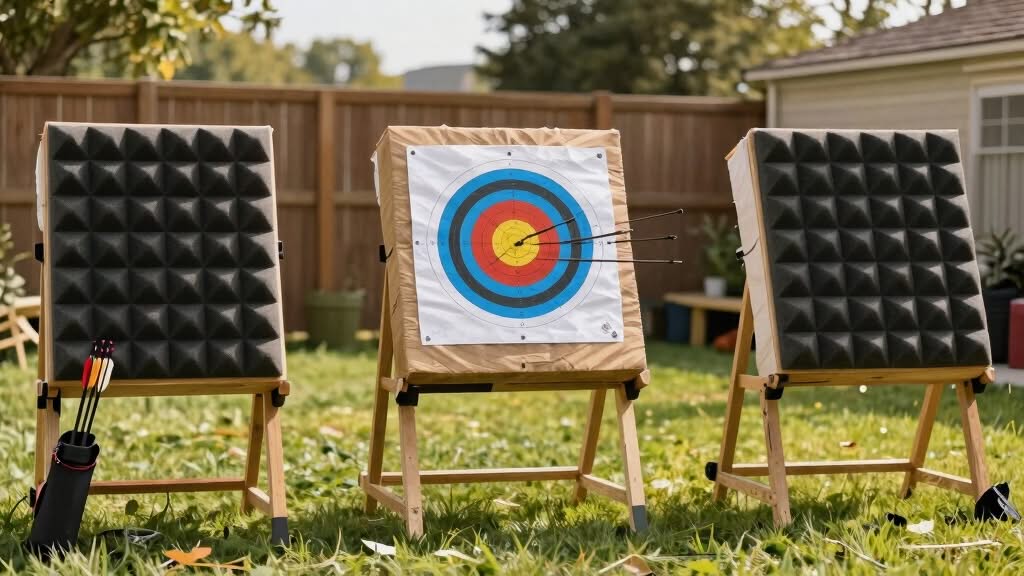 Three archery targets are set up outdoors; the center target has arrows clustered in the bullseye, while the two side targets have foam surfaces. A quiver of arrows lies on the grass.