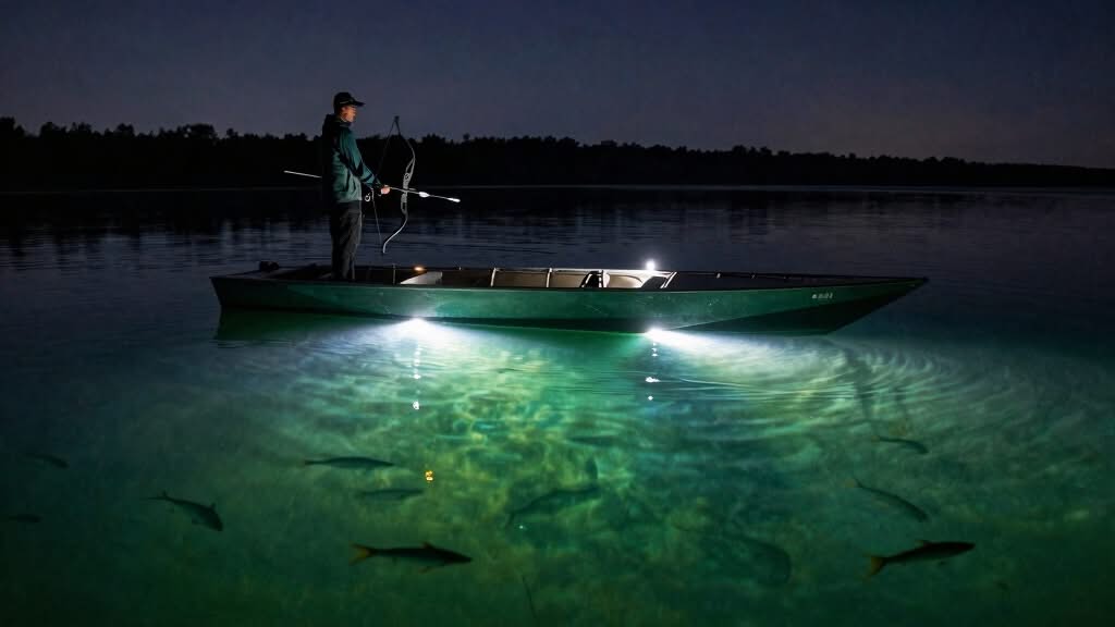 A person stands in a boat at night, holding a bow over illuminated water with several fish visible beneath the surface.