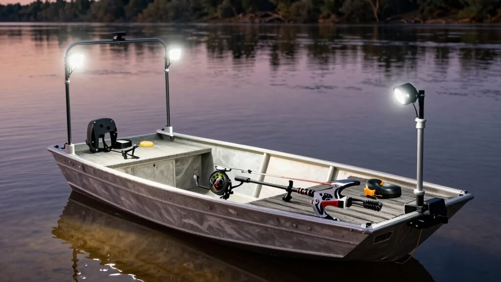 Aluminum fishing boat with mounted fishing rods and LED lights is floating on calm water at dusk, with trees visible on the far shore.