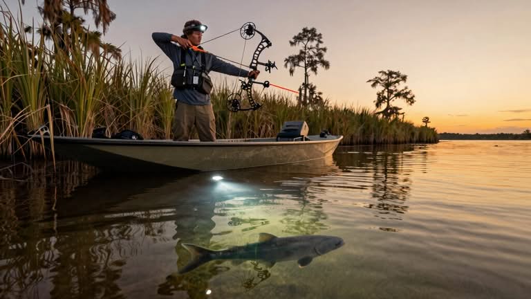 Person standing on a boat in shallow water aims a bow at a fish illuminated by an underwater light at sunset, surrounded by tall reeds and trees.