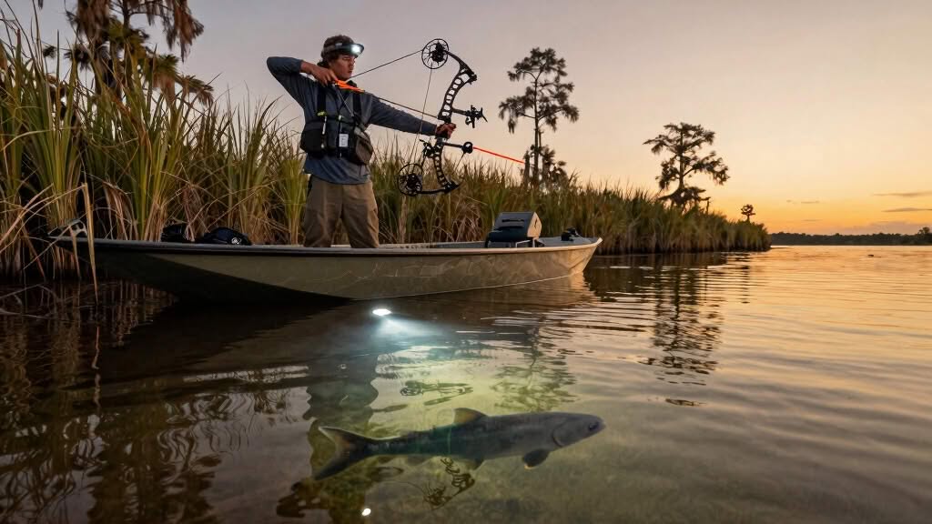 Person standing on a boat in shallow water aims a bow at a fish illuminated by an underwater light at sunset, surrounded by tall reeds and trees.