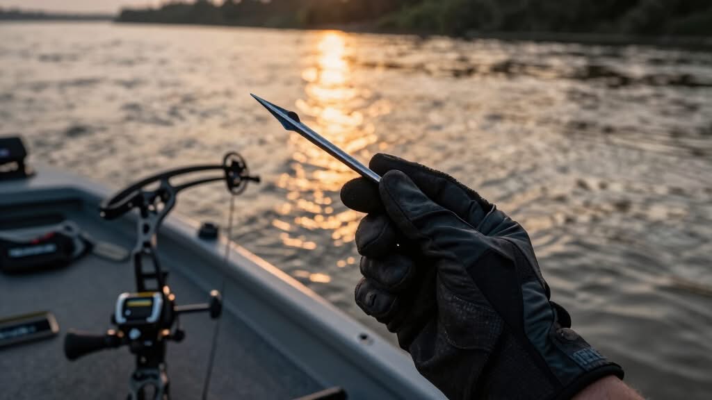A gloved hand holds a broadhead arrow tip on a boat with a fishing bow; water and sunset are visible in the background.