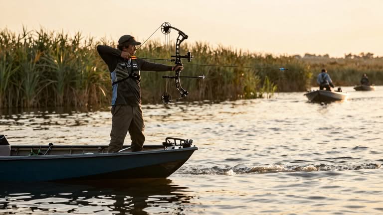 A person stands on a boat in a marsh, aiming a compound bow at the water; other people in boats are visible in the background.