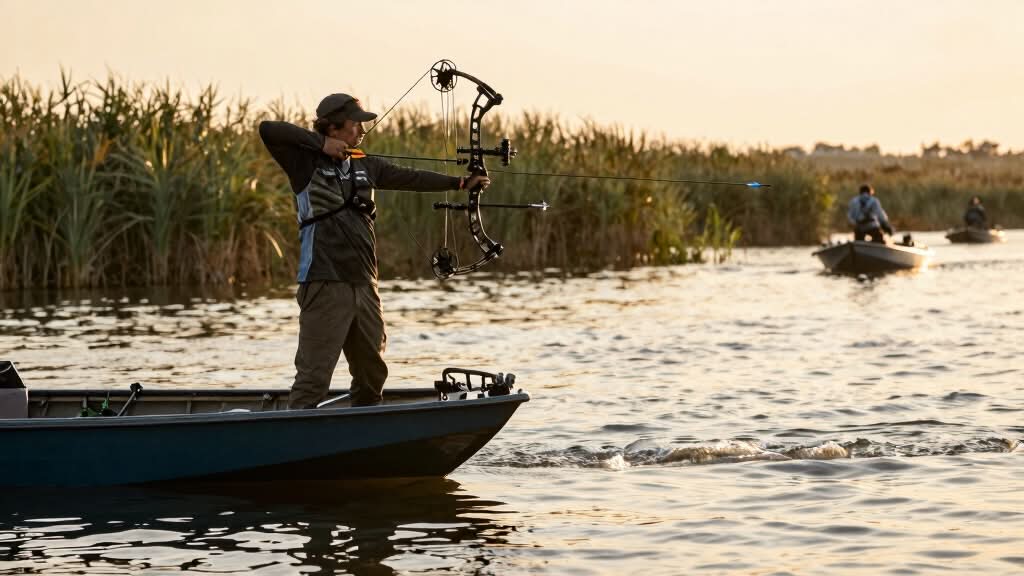 A person stands on a boat in a marsh, aiming a compound bow at the water; other people in boats are visible in the background.