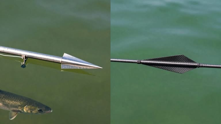 A split image showing a close-up of a fishing spear tip with a fish underwater on the left and a harpoon shaft with fletching on the right, both over green water.