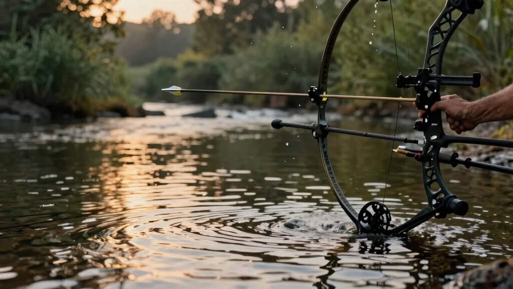 A person aims a compound bow over a shallow creek at sunset, with the arrow pointed forward and water rippling around the bow.
