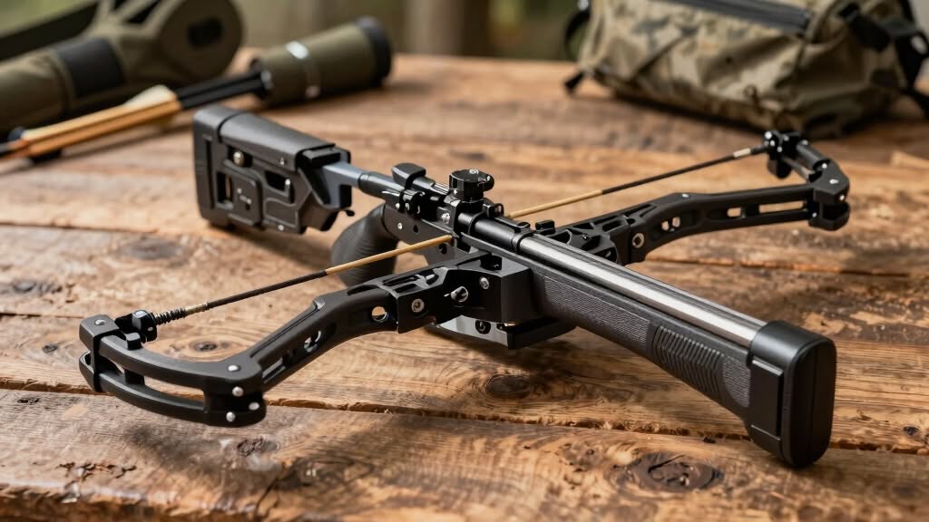 A modern black crossbow rests on a wooden table outdoors, with additional gear and equipment visible in the background.