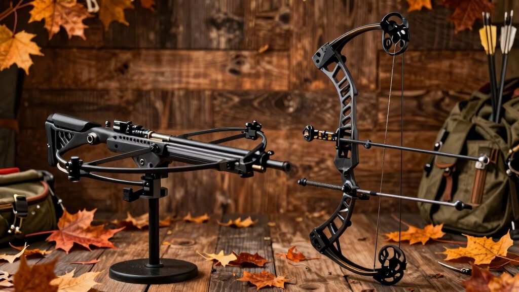 A modern crossbow and a compound bow are displayed side by side on a wooden table with autumn leaves, quiver, and gear in the background.