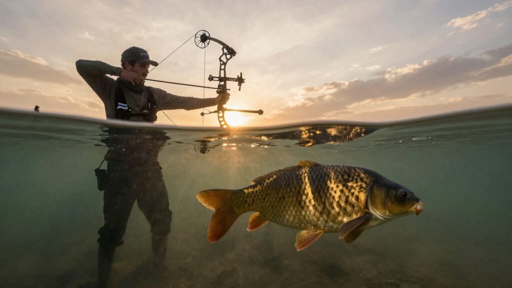 A person stands in water aiming a bow and arrow at a large fish swimming below the surface, with the sun setting in the background.