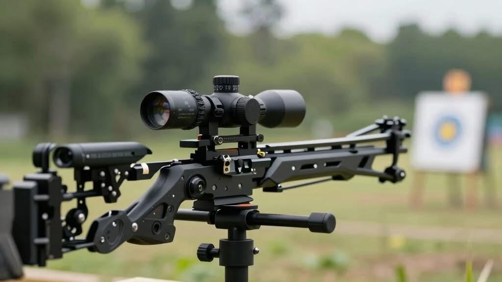 A precision rifle with a scope is mounted on a tripod, aimed at a distant target on an outdoor shooting range.