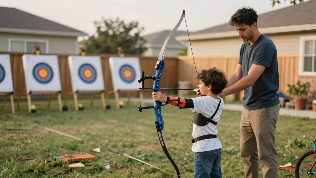 An adult helps a child aim a bow and arrow in a backyard with several archery targets in the background.