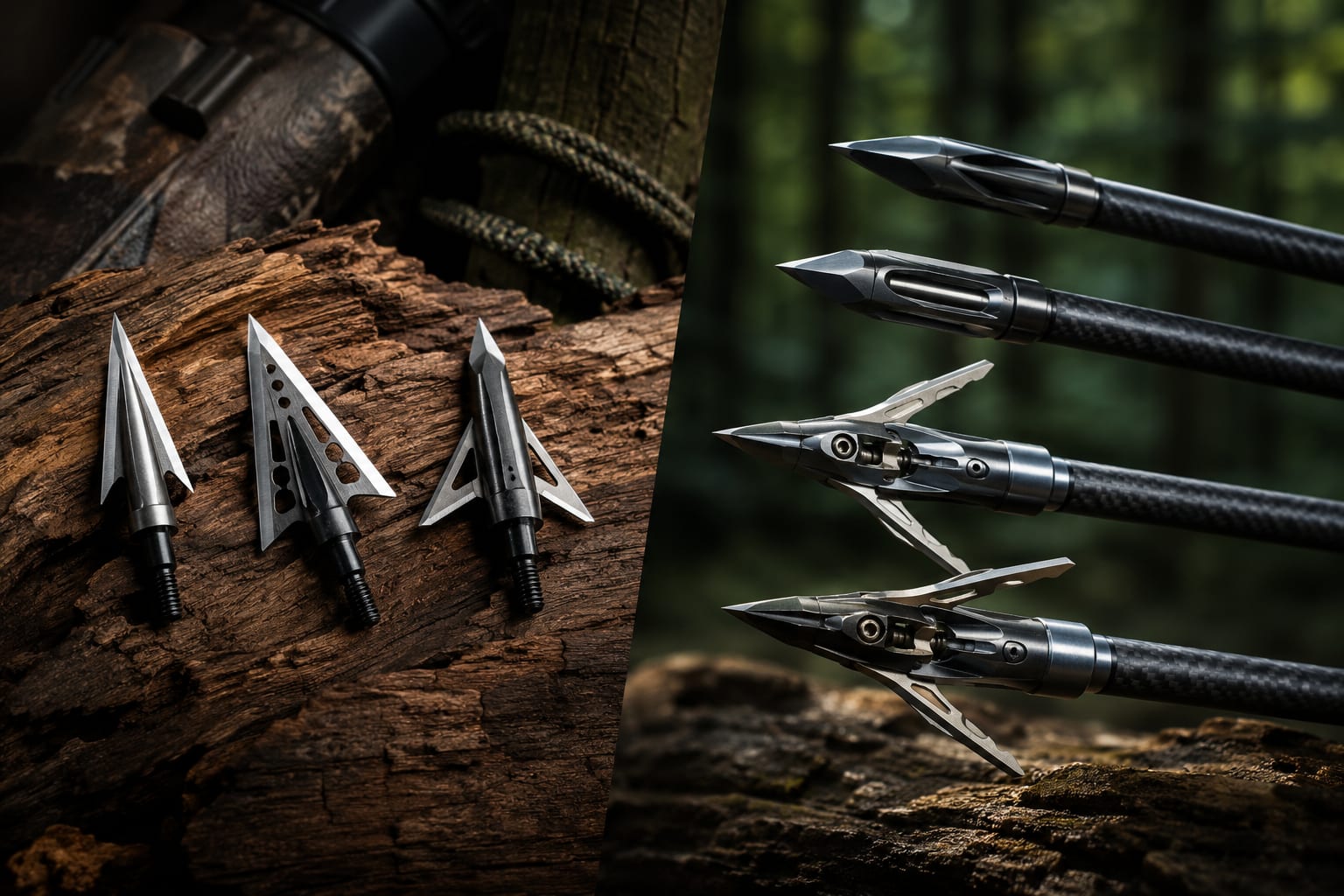 Professional () hero image showing a dramatic split-screen composition: left side displays three fixed-blade broadheads with