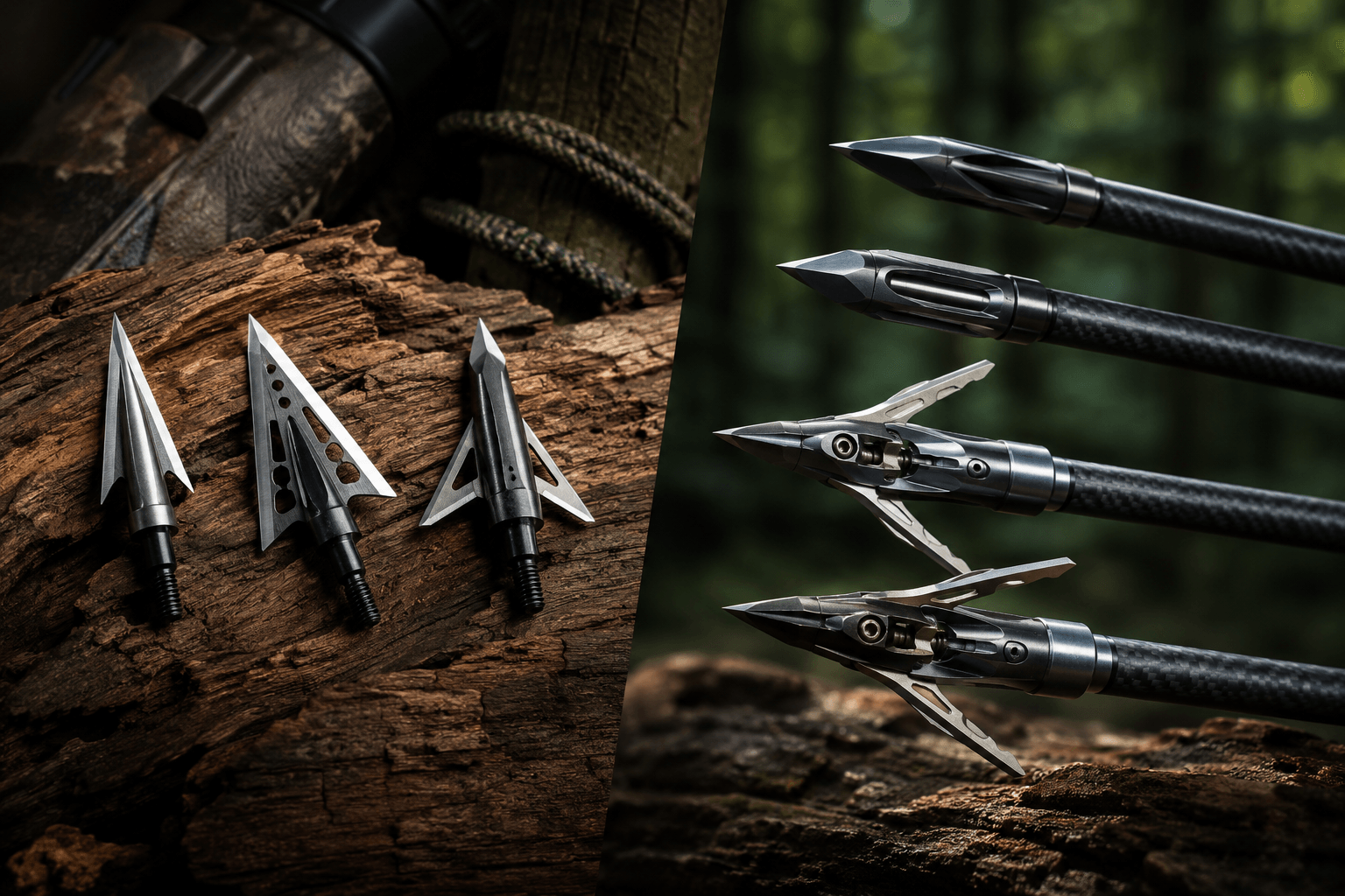 Professional () hero image showing a dramatic split-screen composition: left side displays three fixed-blade broadheads with