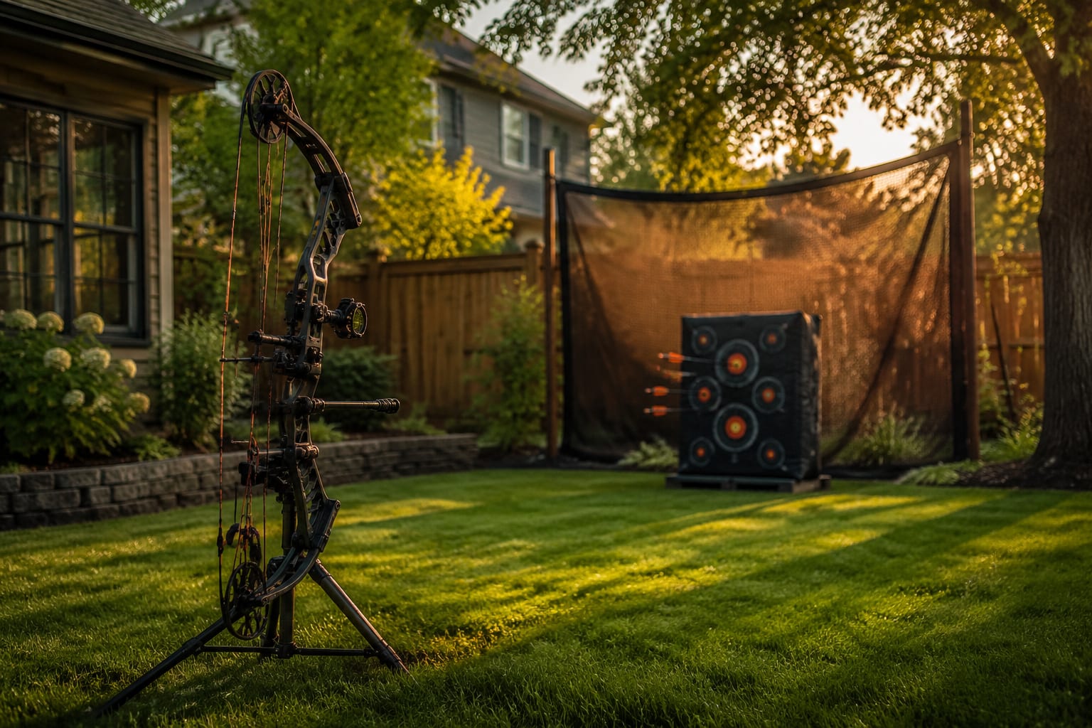 Professional () hero image showing a residential backyard archery setup with a compound bow on a stand in the foreground,