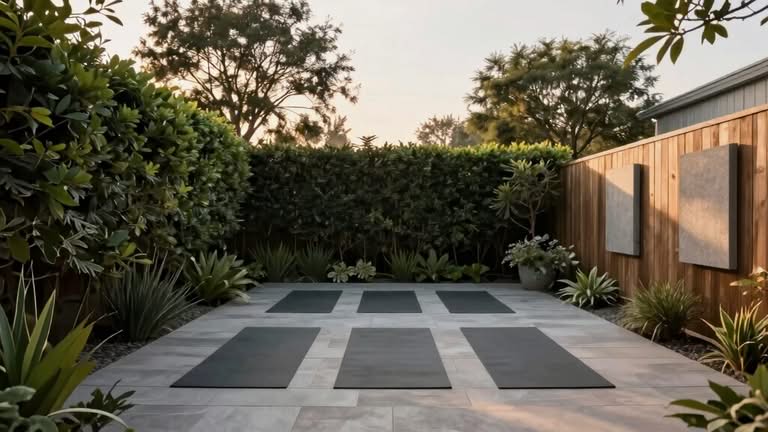 Six black yoga mats are evenly spaced on a tiled patio surrounded by lush greenery and a wooden fence in an outdoor garden setting.