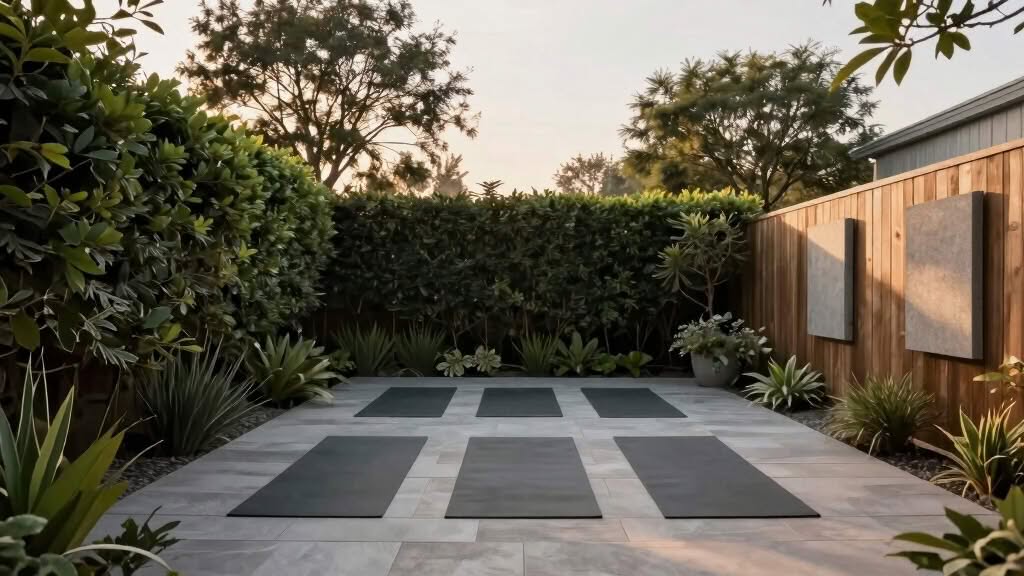 Six black yoga mats are evenly spaced on a tiled patio surrounded by lush greenery and a wooden fence in an outdoor garden setting.