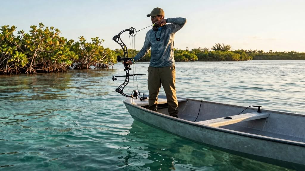 A person stands on a small boat in shallow water, drawing a compound bow with lush green foliage visible in the background.