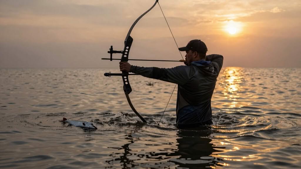 A person standing in waist-deep water at sunset aims a bow and arrow near a fish on the water’s surface.