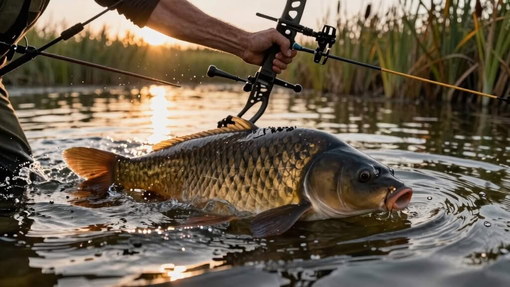 A person using a bowfishing bow holds a large carp in shallow water at sunset, with reeds visible in the background.