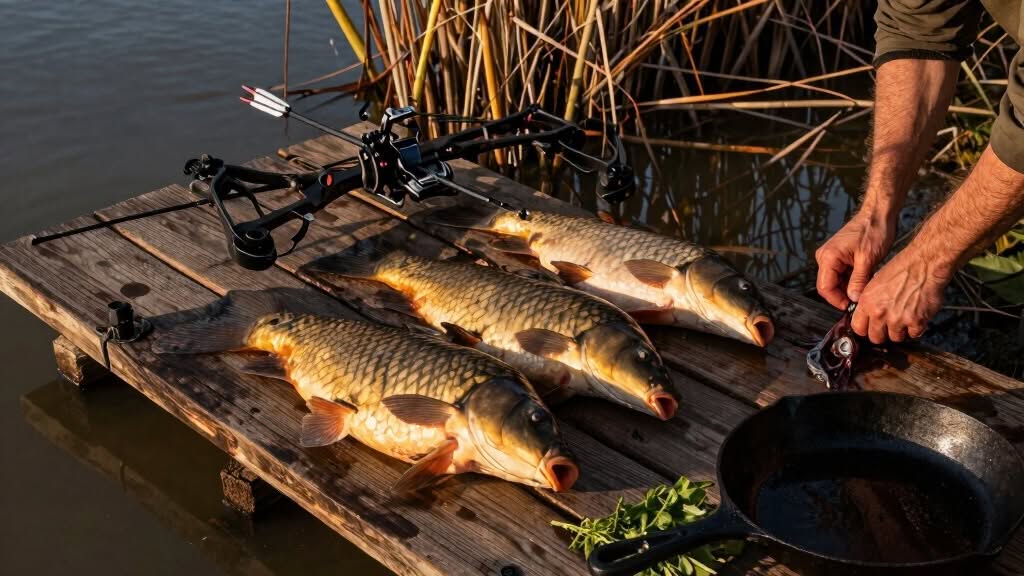 Three fish lie on a wooden platform near water, next to a fishing bow, a pan, and a person preparing food with greens and onions.